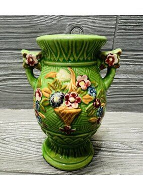 Vintage Japan Hand Painted Green Floral Double Handle Urn Vase 5.5” READ